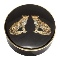 Halcyon Days - Twin Leopards Black Round Trinket Box