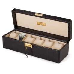 Renzo - Crocodile Print Leather Case For Six Watches Black